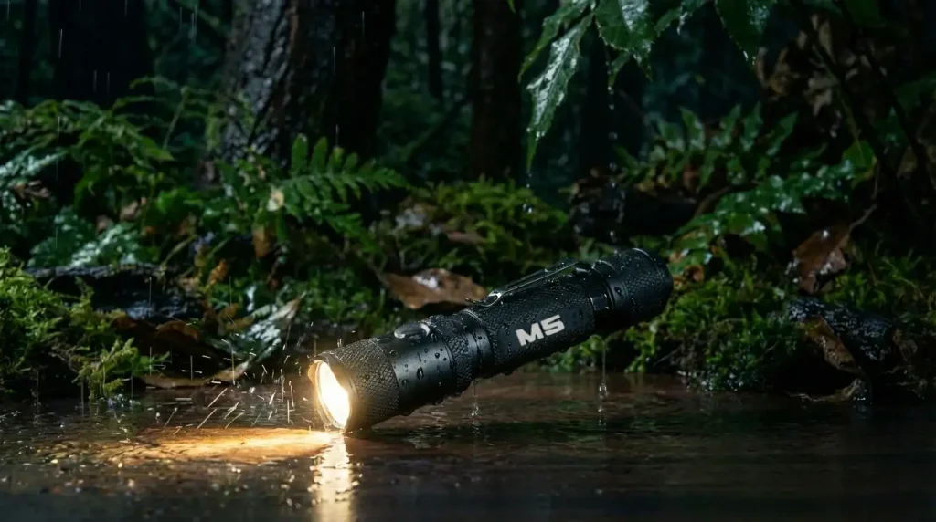 Linterna Táctica M5 Powertac sobre el agua | Linternas Tácticas Powertac | Satara