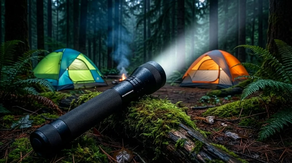 Linterna policial Powertac Guardsman encendida en el bosque nocturno | Linternas Tácticas Powertac | Satara