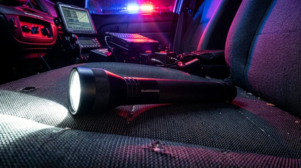 Linterna táctica Powertac Guardsman encendida sobre el asiento de un vehículo policial | Linternas Tácticas Powertac | Satara
