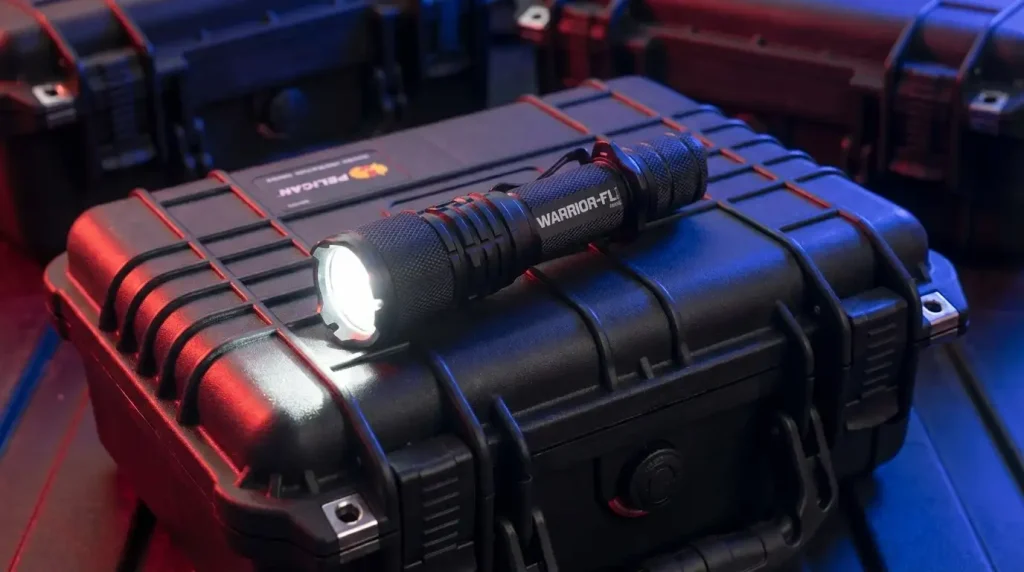 Linterna recargable Powertac Warrior G4 encendida | Linternas Tácticas Powertac | Satara
