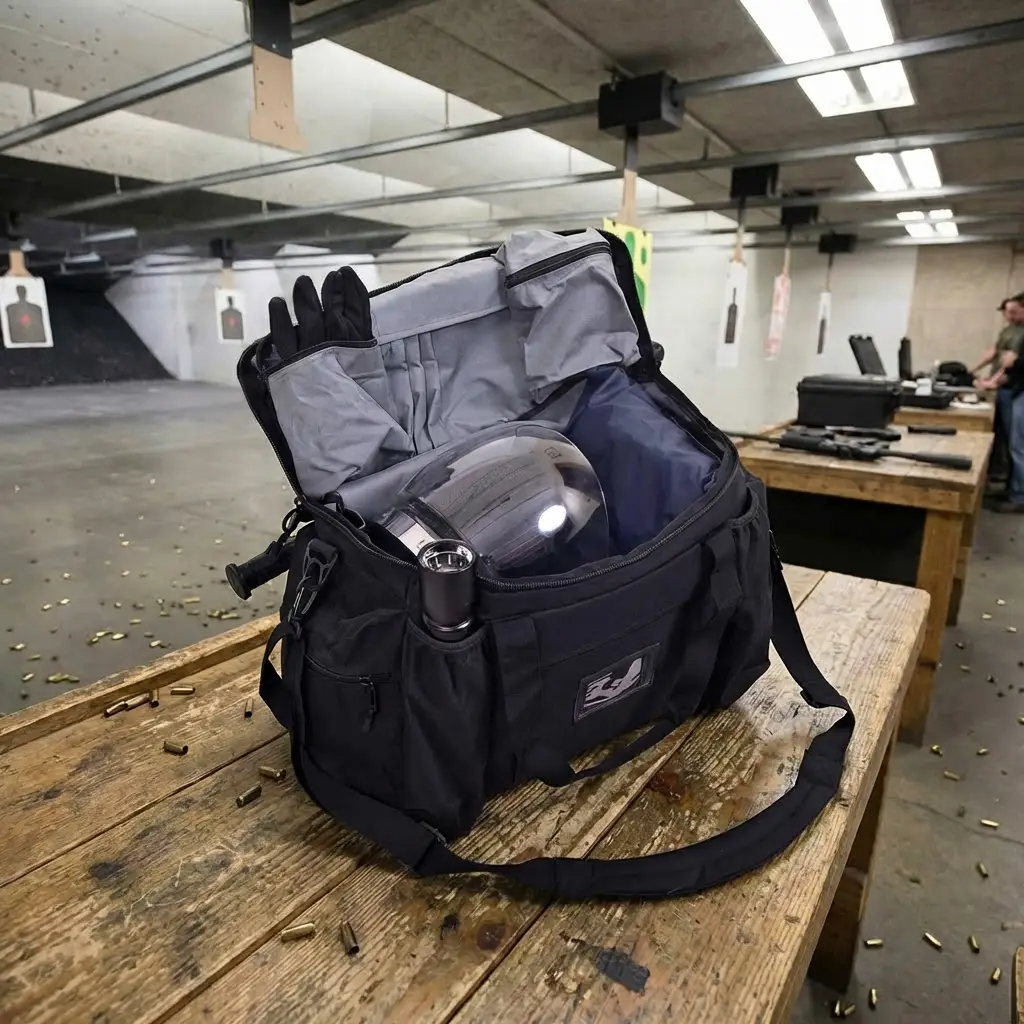 Bolsa de entrenamiento Akar abierta mostrando su amplia compartimentación en galería de tiro | Equipamiento Táctico | Satara