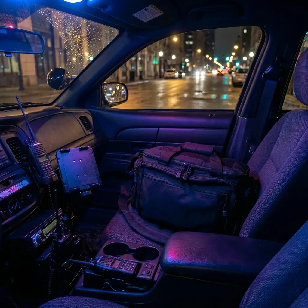 Bolsa portadocumentos policial de transporte Akar ubicada operativamente en el asiento del vehículo patrulla | Equipamiento Táctico | Satara