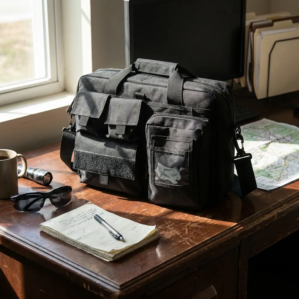 Vista frontal de la bolsa portadocumentos táctica Akar de poliamida sobre escritorio | Equipamiento Táctico | Satara