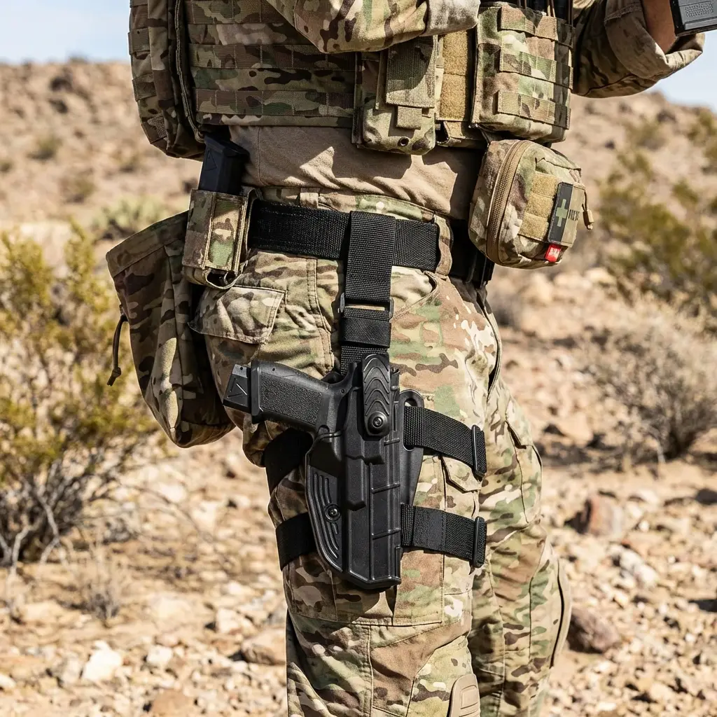 Agente equipado con funda de arma táctica Akar con anclaje de pernera | Equipamiento Táctico | Satara