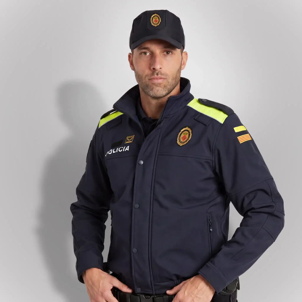 Agente vistiendo cazadora policial técnica de softshell azul noche con detalles amarillo flúor en hombros de Cataluña | Serie Origen | Satara