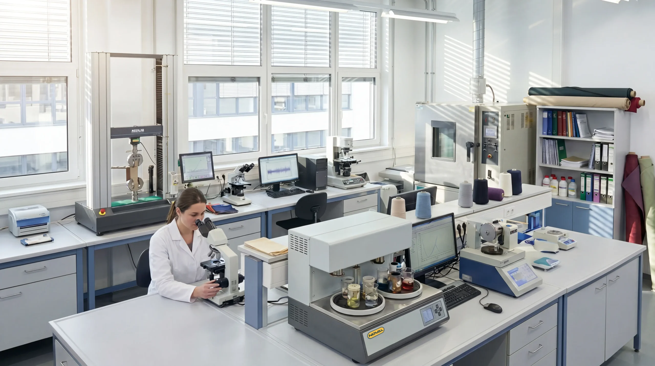 Imagen de laboratorio textil con técnica sentada delante de un microscopio | Satara