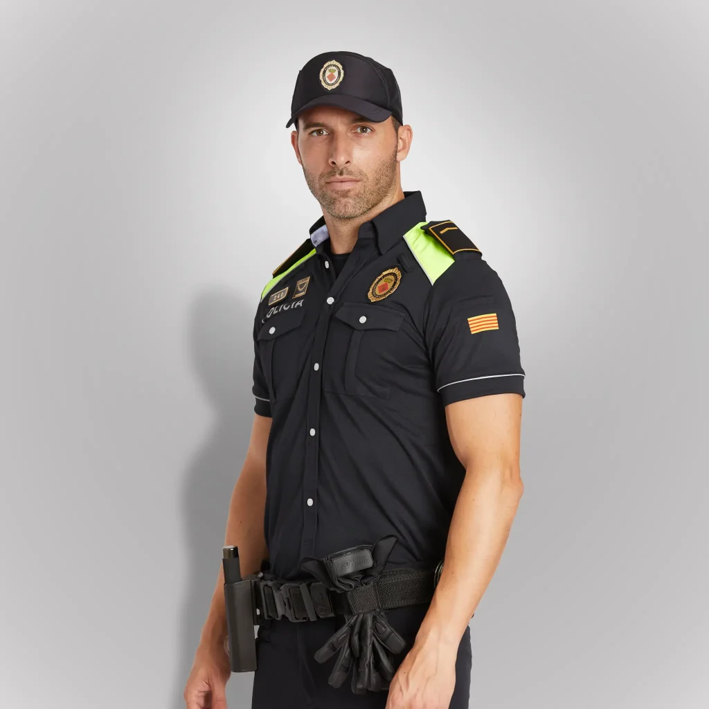 Agente de policía vistiendo polo camisero técnico de manga corta azul noche con hombros en amarillo flúor de Cataluña | Serie Origen | Satara