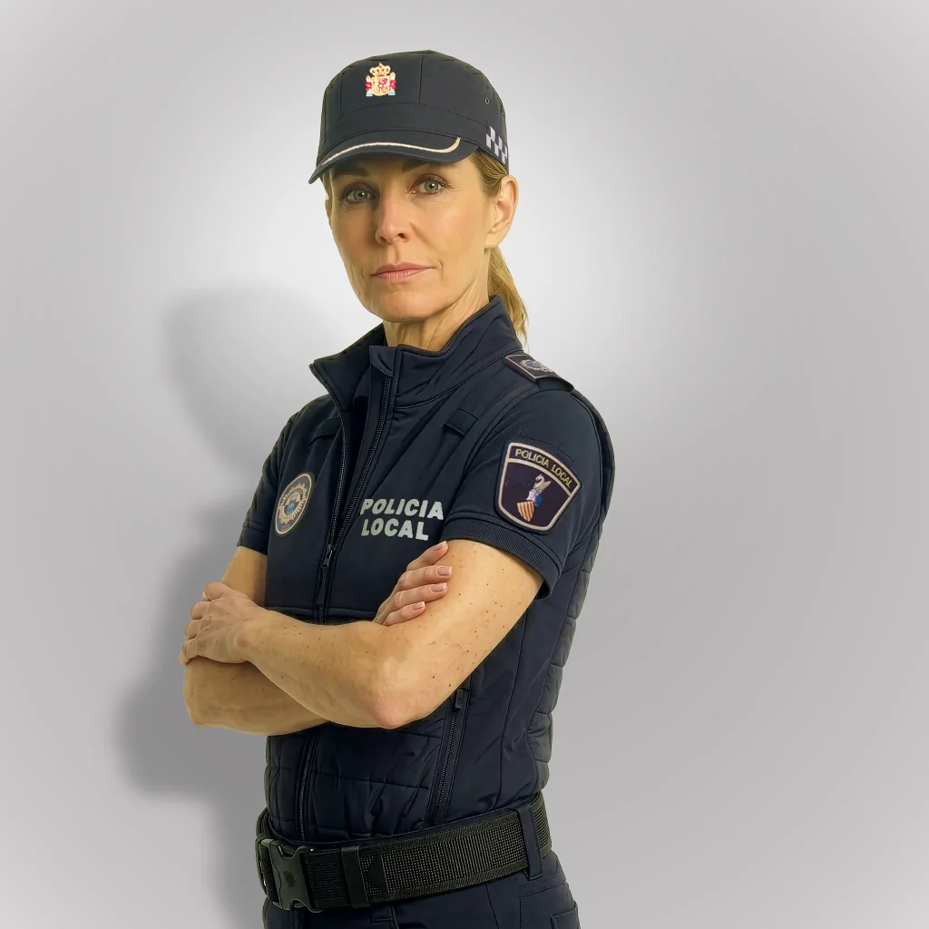 Agente de policía femenina vistiendo chaleco táctico operativo policial azul noche de comunidad Valenciana | Serie Origen | Satara