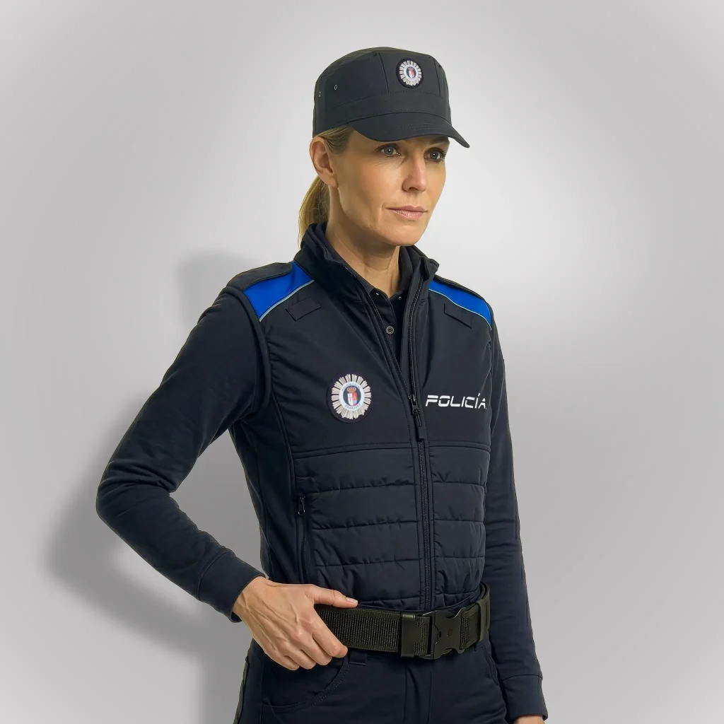 Agente de policía femenina vistiendo chaleco táctico operativo policial azul noche con hombros de color azul índigo de Comunidad de Madrid | Serie Origen | Satara